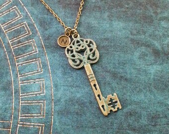 Key Necklace LARGE Bronze Key Jewelry Blue Patina Key Charm Necklace Skeleton Key Pendant Grecian Key Steampunk Necklace Victorian Key