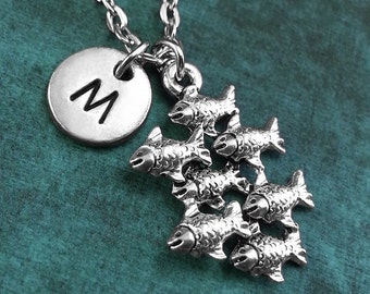 Fish Necklace, Personalized Necklace, Silver School of Fish Pendant, Swimming Jewelry, Aquatic Gift, Monogram Necklace, Charm Necklace