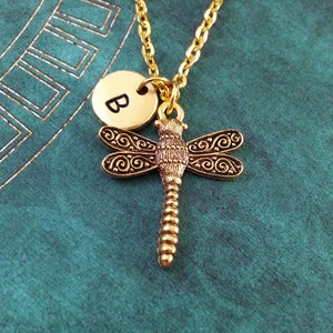 Gold Dragonfly Necklace, Dragonfly Charm, Hand Stamped Necklace, Monogram Necklace, Dragonfly Pendant, Gold Insect Jewelry, Dragonfly Gift