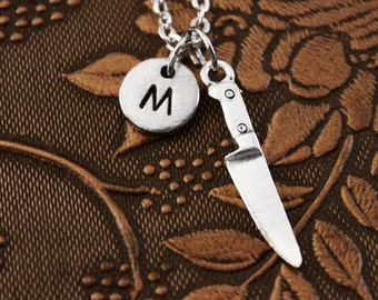 Butcher Knife Necklace, Initial Necklace Personalized Necklace, Engraved Necklace, Custom Necklace, Monogram Necklace, Chef Charm Necklace