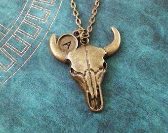 Bull Skull Necklace Bronze Steer Skull Jewelry Brass Longhorn Necklace Cow Skull Charm Necklace Southwestern Jewelry Southern Gothic Jewelry