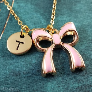 Bow Necklace SMALL Cute Pink Bow Charm Cottagecore Ribbon Pendant Necklace Personalized Initial Coquette Jewelry Girly Teenager Gift for Her