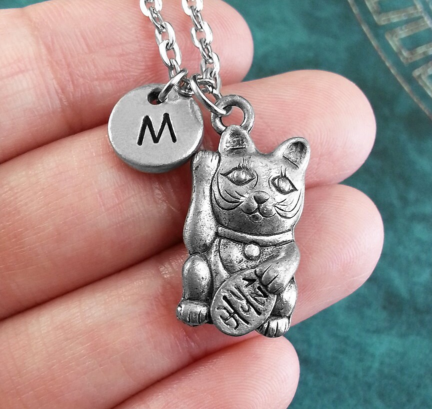 Maneki Neko Cat Necklace, Lucky Cat Pendant, Welcoming Cat