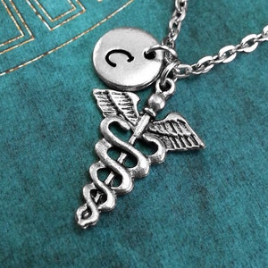 Caduceus Necklace, Personalized Necklace, Medical Symbol, Doctor Necklace, Nurse Jewelry, Medical Gift, Monogram Necklace, Charm Necklace