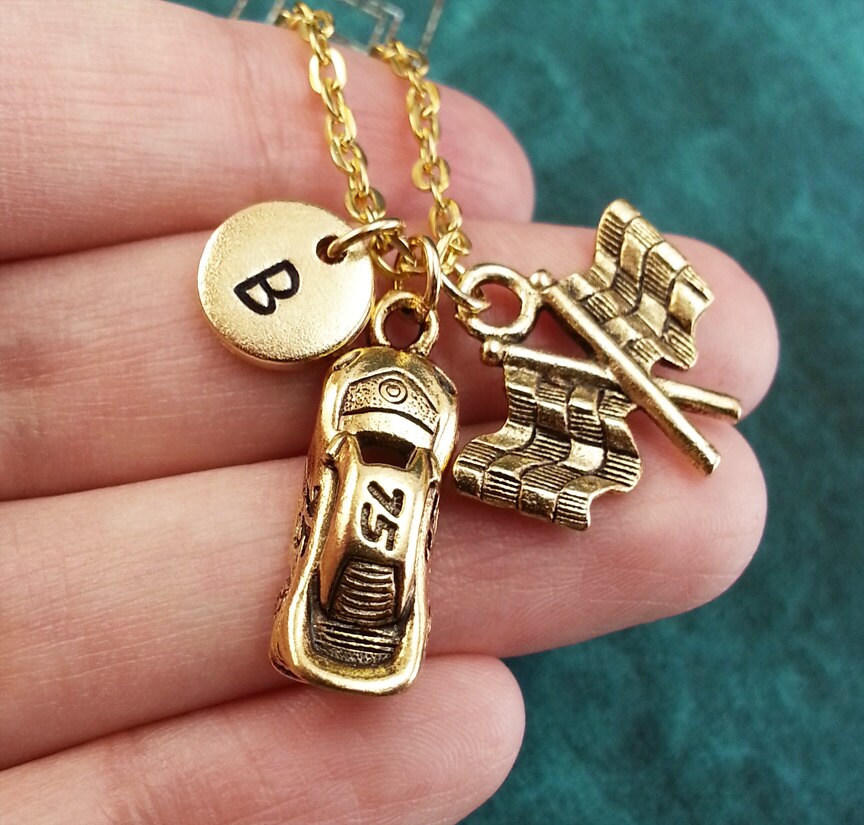 Race Car Flags Necklace Gold Race Car Charm Personalized Etsy