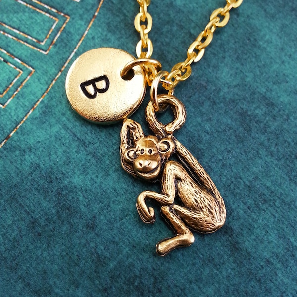 Monkey Necklace, Gold Monkey Charm, Personalized Necklace Pendant Necklace Animal Necklace Engraved Necklace Necklace Initial Necklace