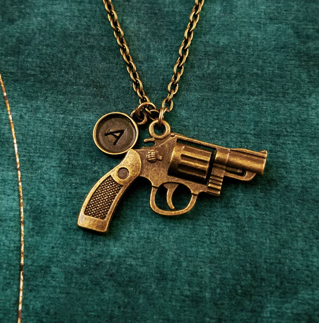 Collana Donna Con Ciondolo Pistola Revolver Western - Metallo E Strass, Catena 55cm