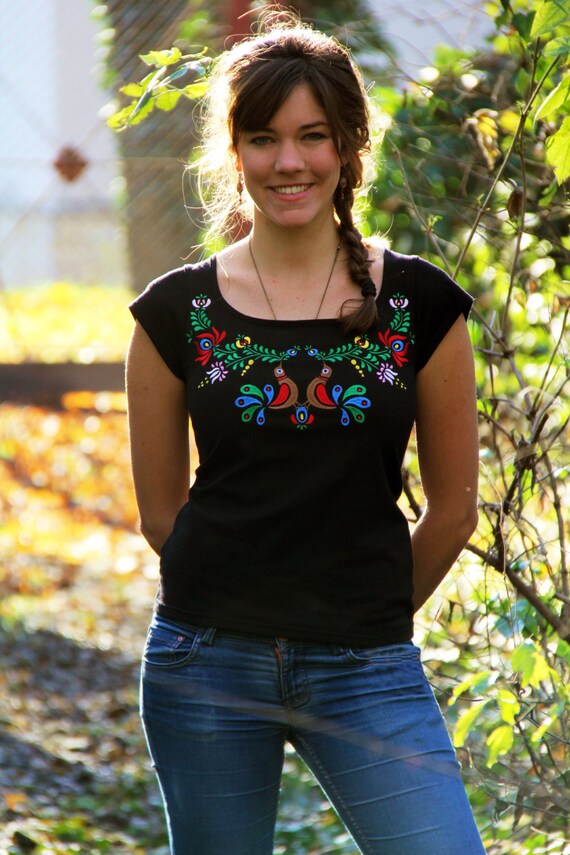 Embroidered Hungarian Folk Art Black T-shirt With Colorful Birds 