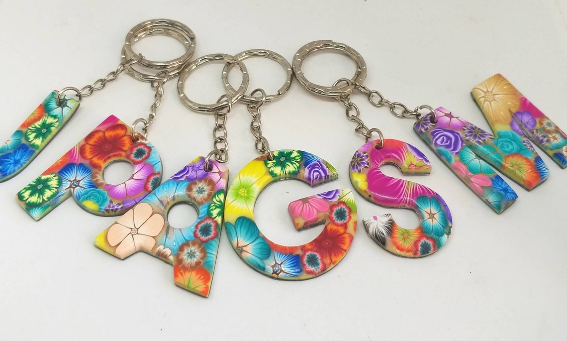 Keychain With Initials in Polymer Clay Personaliced Keyrings Etsy
