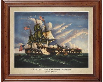 USS Constitution and HMS Guerriere by Thomas Chambers; 18x24" print displaying the artist's name (does not include frame)