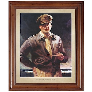 May include: A framed portrait of Douglas MacArthur in military uniform, with a pipe in his hand, against a dark background with a sea scene in the distance. The text "DOUGLAS MACARTHUR" is printed below the image.