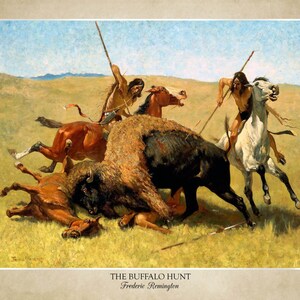 May include: A painting depicting a scene of a buffalo hunt. Two Native American men on horseback are spearing a buffalo. The buffalo is on the ground, and one of the horses is also on the ground. The painting is set in a grassy field with a blue sky in the background. The painting is titled "The Buffalo Hunt" by Frederic Remington.