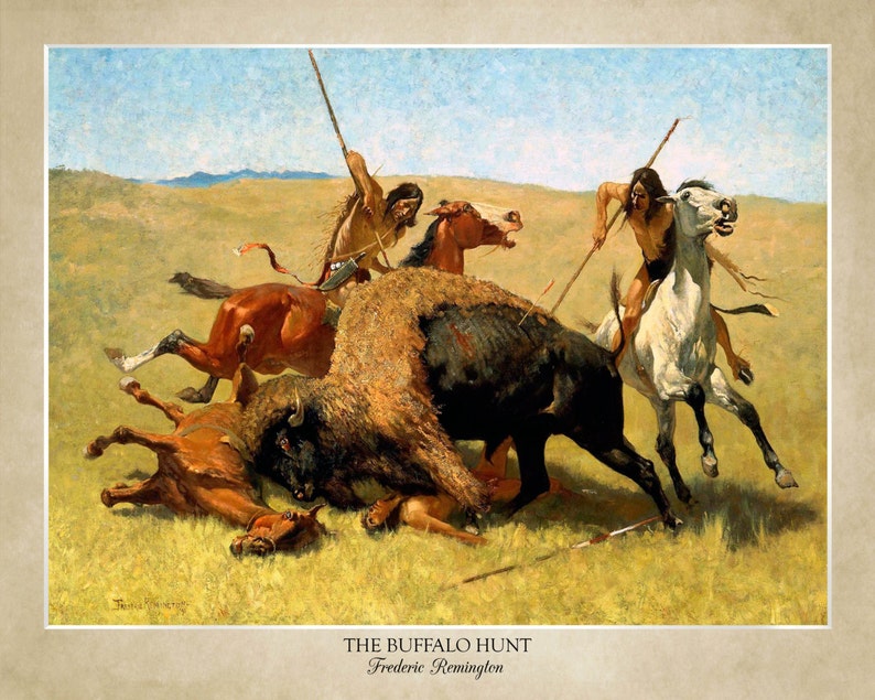 May include: A painting depicting a scene of a buffalo hunt. Two Native American men on horseback are spearing a buffalo. The buffalo is on the ground, and one of the horses is also on the ground. The painting is set in a grassy field with a blue sky in the background. The painting is titled "The Buffalo Hunt" by Frederic Remington.