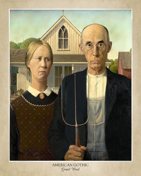 GW割◆美品 USAヴィンテージラグ 大判156×126 ワシントンD.C. American Gothic by Grant Wood (1930); 18x24