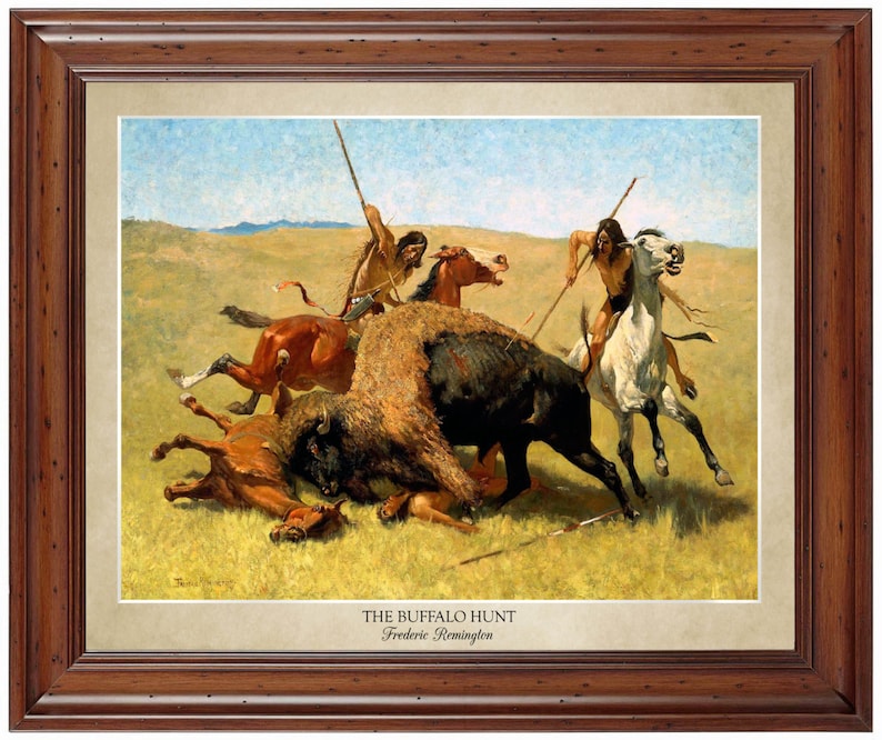 May include: A painting depicting a scene of a buffalo hunt. Two Native American men on horseback are pursuing a buffalo. One man has a spear in his hand, and the other has an arrow in his bow. The buffalo is running away from the men, and its tail is raised in the air. The painting is set in a grassy field, and there are mountains in the background. The painting is titled "The Buffalo Hunt" by Frederic Remington.
