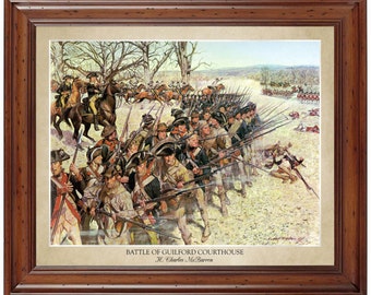 May include: A painting depicting the Battle of Guilford Courthouse, a key battle in the American Revolutionary War. The painting shows American soldiers in a line formation, firing muskets at British soldiers in the distance. The painting is titled "Battle of Guilford Courthouse" and signed "H. Charles McBarron".
