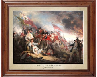 May include: A painting depicting the Battle of Bunker Hill, a pivotal moment in the American Revolutionary War. The painting shows a dramatic scene of fighting between British and American soldiers, with smoke and fire in the background. The painting is titled "The Battle of Bunker's Hill" and signed by John Trumbull.