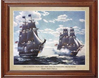 USS Constitution and HMS Java Exchanging Broadsides; 18x24&quot; print displaying the artist&#39;s name (does not include frame)