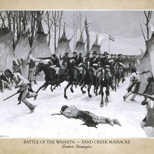 Battle of the Washita Sand Creek Massacre by Frederic Remington 18x24 print showing the artist's name does not include frame afbeelding 2