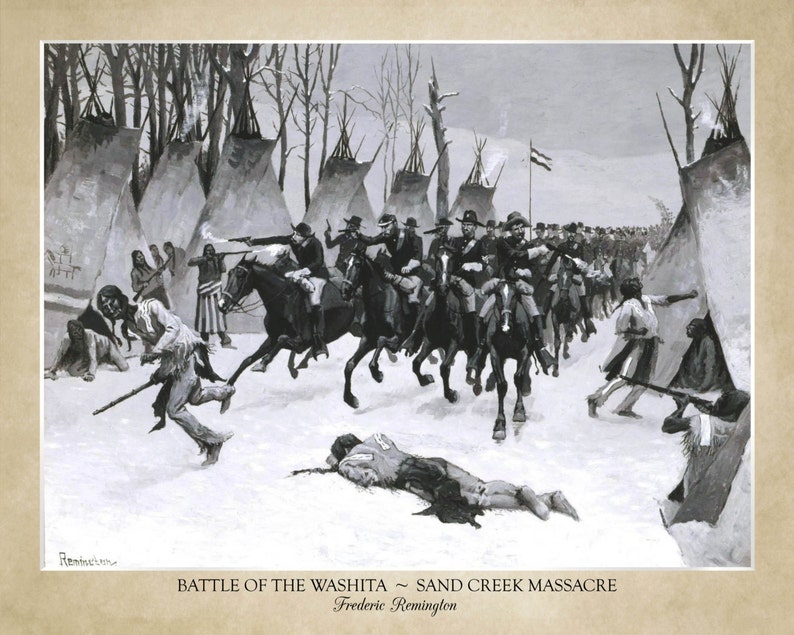 Battle of the Washita Sand Creek Massacre by Frederic Remington 18x24 print showing the artist's name does not include frame afbeelding 2