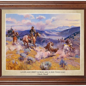 May include: A vintage painting depicting a group of cowboys on horseback in a rugged landscape. The cowboys are chasing a bear, with one cowboy lassoing it. The painting is titled "Loops and Swift Horses are Surer Than Lead" by Charles Russell.