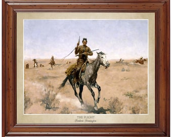 May include: A painting titled "The Flight" by Frederic Remington depicts a cowboy on horseback riding away from a group of Native Americans on horseback in a dusty landscape.