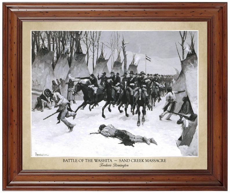 Battle of the Washita Sand Creek Massacre by Frederic Remington 18x24 print showing the artist's name does not include frame afbeelding 1