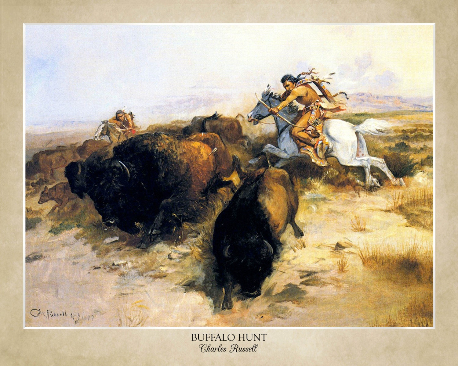 Buffalo Hunt by Charles Russell (1897); 18x24" Print Displaying the ...
