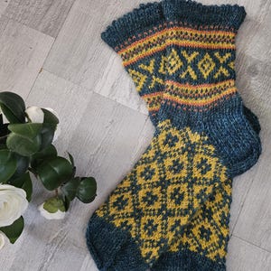 Hand-Knitted Wool Socks: Warm Winter Blue Patterned Socks, UK Size 10.5-11.5