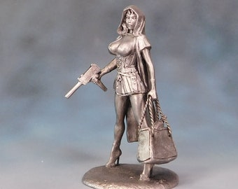 Girl with Gun and Hood, Unpainted Tin Model, Collection 54mm Tin Toy, Metal Miniature Red Riding Hood, Miniature Fairytale Metal Sculpture