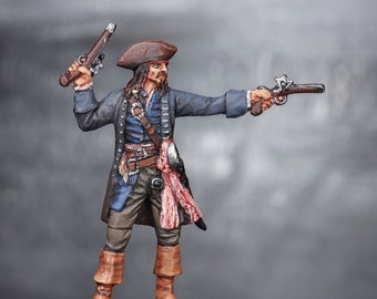 Captain Jack Pirates of the Caribbean, Miniature Figurine, Pirate with Guns, Hand Painted Pirate, Tin Toy Soldier, Collection 54mm Metal