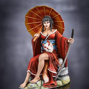 Figurine of Cute Japanese Girl Warrior, Painted Miniature 75mm, Mens Gift, 3D Plastic Model of Japanese Girl Samurai in Kimono with Katana