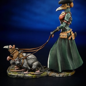 Painted Plague Doctor, Steampunk Figurines, Gift for Collector to Paint, Fantasy Collectible Miniature 75mm, Girl with Rats Miniature