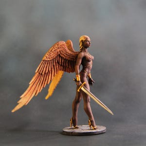 Tabletop Woman with Wings Miniature, Naked Angel with Large Wings and Sword, Figurine 3D Print, Dark Angel Miniature, Resin Gift Miniature