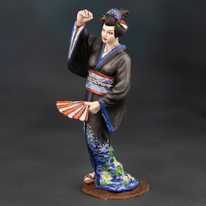 Hand Painted Collectible Miniatures, Teacher Gift, Desktop Miniature of Dancing Japanese Geisha in Kimono with Fan, Japanese Girl Figurine