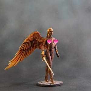 3D Dark Angel Figurines, Fantasy Fallen Angel Miniature, Plastic Mens Gift, Angel 3D Resin Model, Girl with Gold Wings, Resin Miniature 54mm
