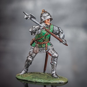 Tin Medieval Soldier Figurine, Hand Painted Middle Ages Soldier, Gift For Him, Medieval Guarder in Armor with Halberd 54mm, Knight Miniature