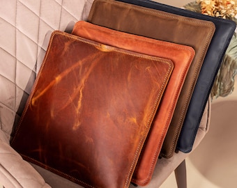 Set of 4 or 1 Leather Chair Pads, Custom Chair Pads, Square Leather Cushion, Brown Leather Cushion