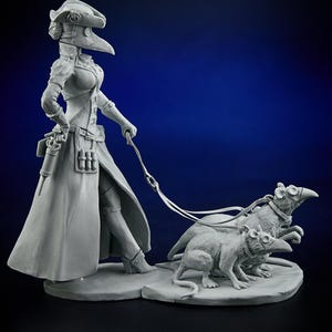 Figurine of Medieval Fantasy Girl with Rats 75mm, Gift for Him, 3D Printed Fantasy Miniature of Steampunk Plague Doctor Girl with Rats