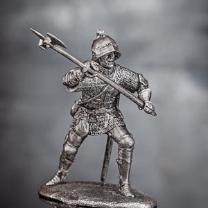Mini Soldier in Armor with Halberd, Medieval Guard, Medieval Knight, Mens Gift, Miniature Tin Crusader 54mm, Collectible Knight Figurine