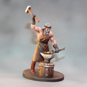 3D Printed Model Old Craftsman, Blacksmith with Anvil, Old Blacksmith, Gift for Collector, Medieval Blacksmith with Hammer Miniature 54mm