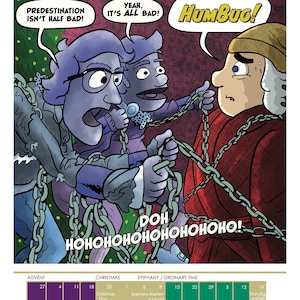 May include: A comic strip-style illustration with characters from The Muppet Christmas Carol. The image includes speech bubbles with text and a calendar with dates for Advent, Christmas, and Epiphany. The characters are in chains.