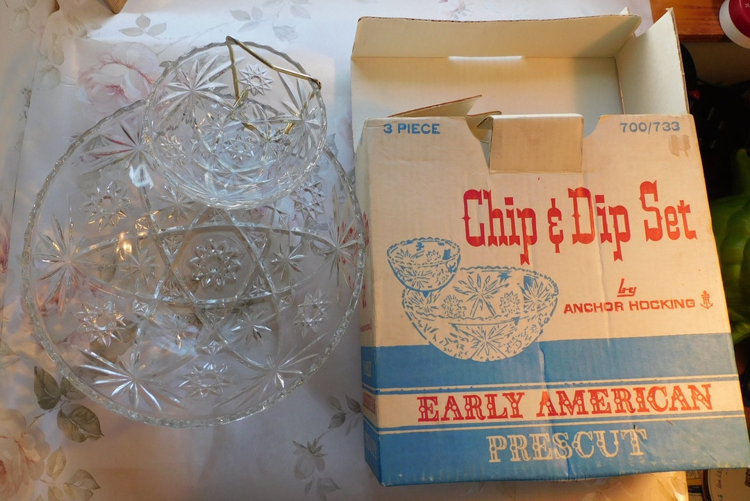 Vintage Chip & Dip Set by Anchor Hocking Star of David Pattern Bowls