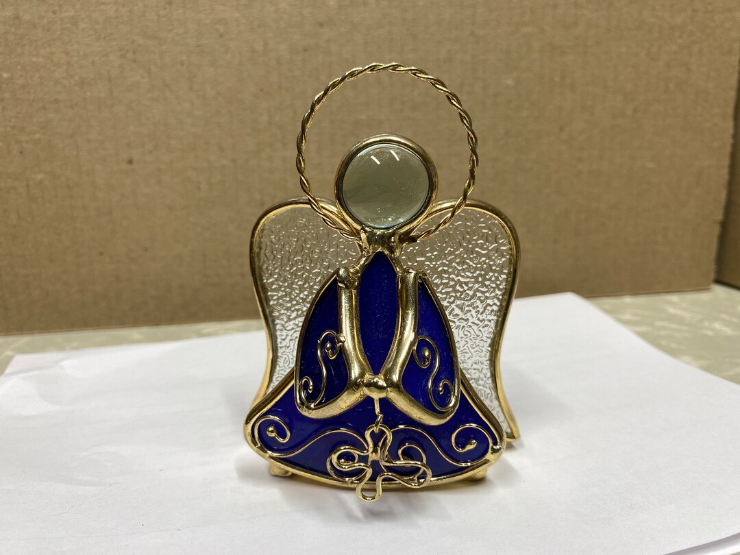 Vintage Stained Glass Blue Angel Tealight Holder Collectable Stained