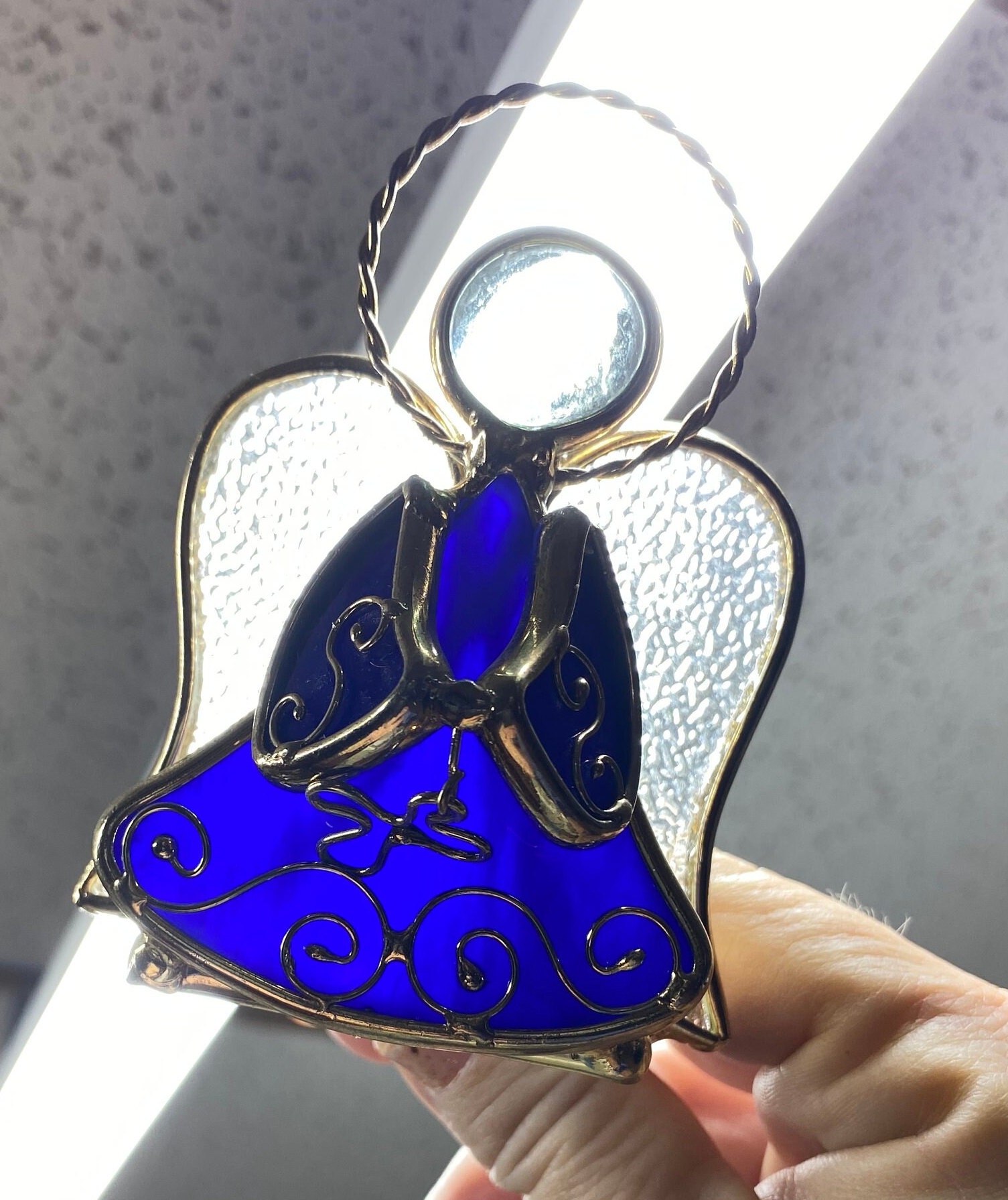 Vintage Stained Glass Blue Angel Tealight Holder Collectable Stained