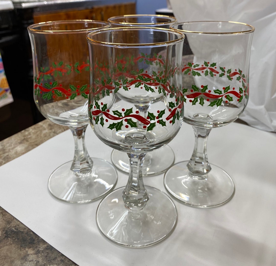 Vintage Holly Berry Ribbon Wine Glasses Gold Trim Goblets Arby Libbey Glass Decor Collectable Etsy