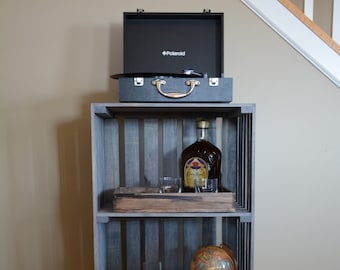 3-Tier Record Player Stand with Storage, Solid Wood Turntable Stand for Vinyl Records – Antique Gray