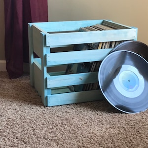 Vintage Blue Stained Wooden LP Crate – Rustic Vinyl Record Storage