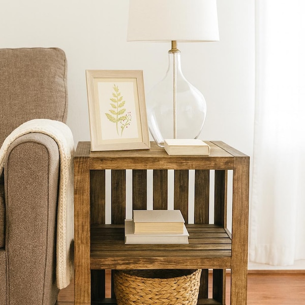 Rustic End Table – Wooden Nightstand for Living Room & Bedroom- Medium Brown Stain