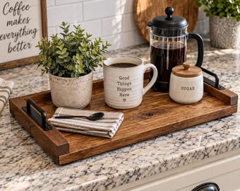 Rustic Wooden Serving Tray, 19x12 Coffee Table & Ottoman Tray, Early American Wood Tray with Black Metal Handles